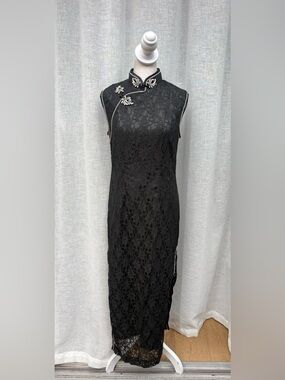 Classic Fashion floral lace black modern cheongsam sleeveless Chinese long dress